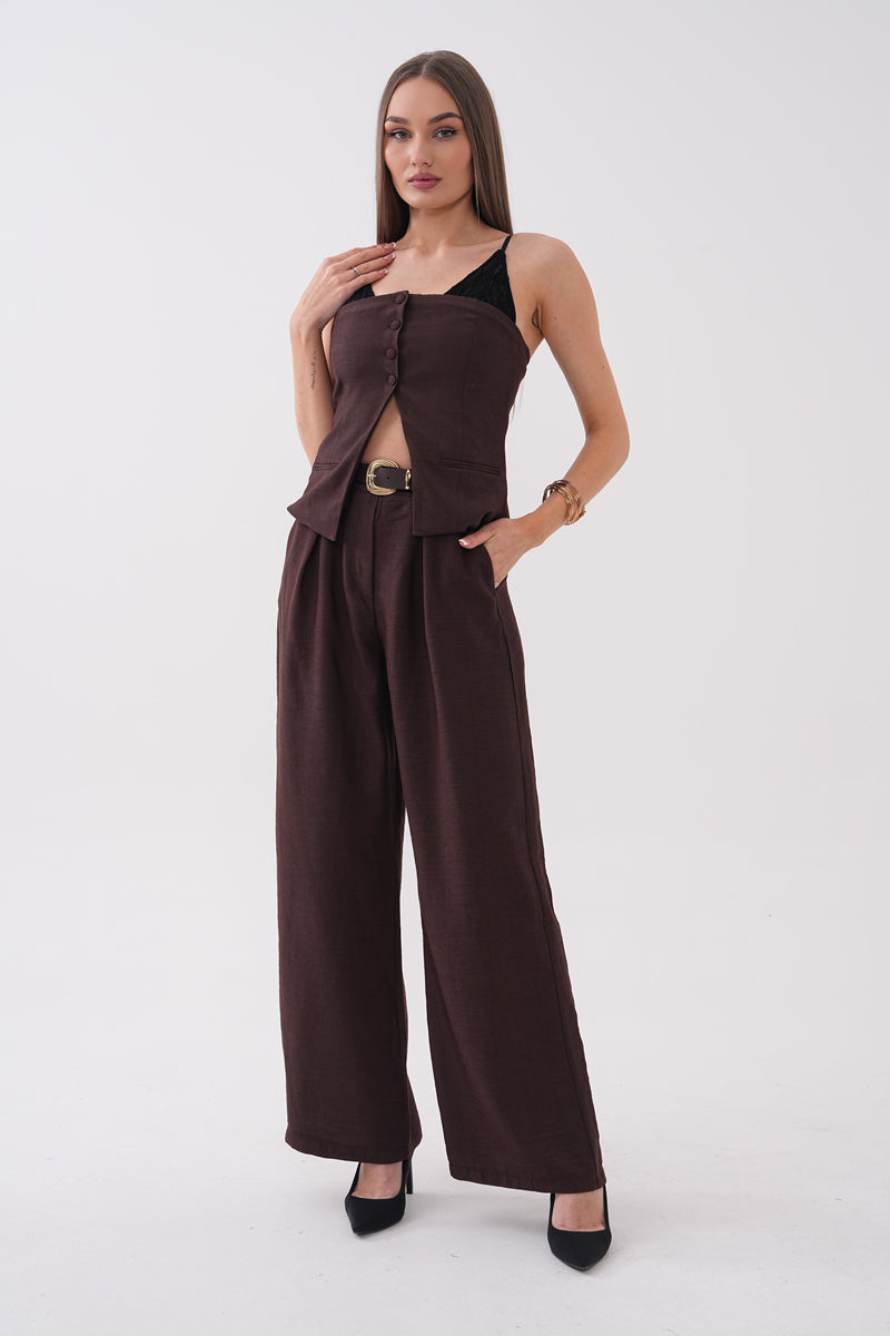 Kahverengi Yaka Dantel Detaylı Takım