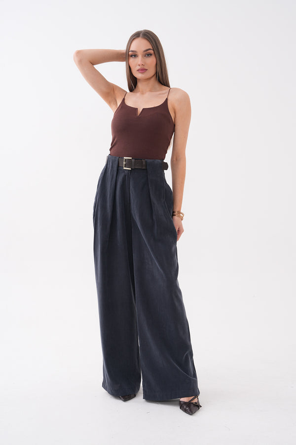 Tensel Kumaş Antrasit Kemerli Palazzo Pantolon