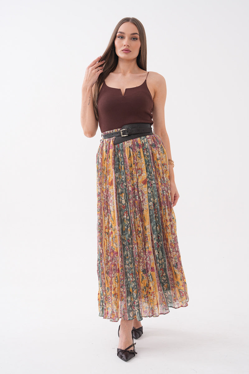 Şifon çok renkli kemerli Çiçek desenli Midi Boy Etek