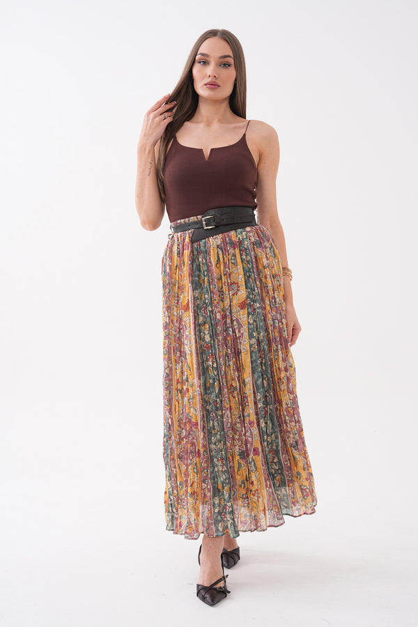 Şifon çok renkli kemerli Çiçek desenli Midi Boy Etek