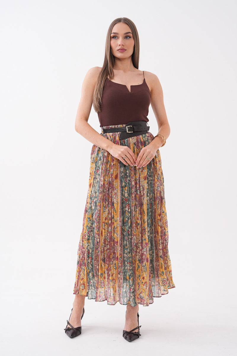 Şifon çok renkli kemerli Çiçek desenli Midi Boy Etek