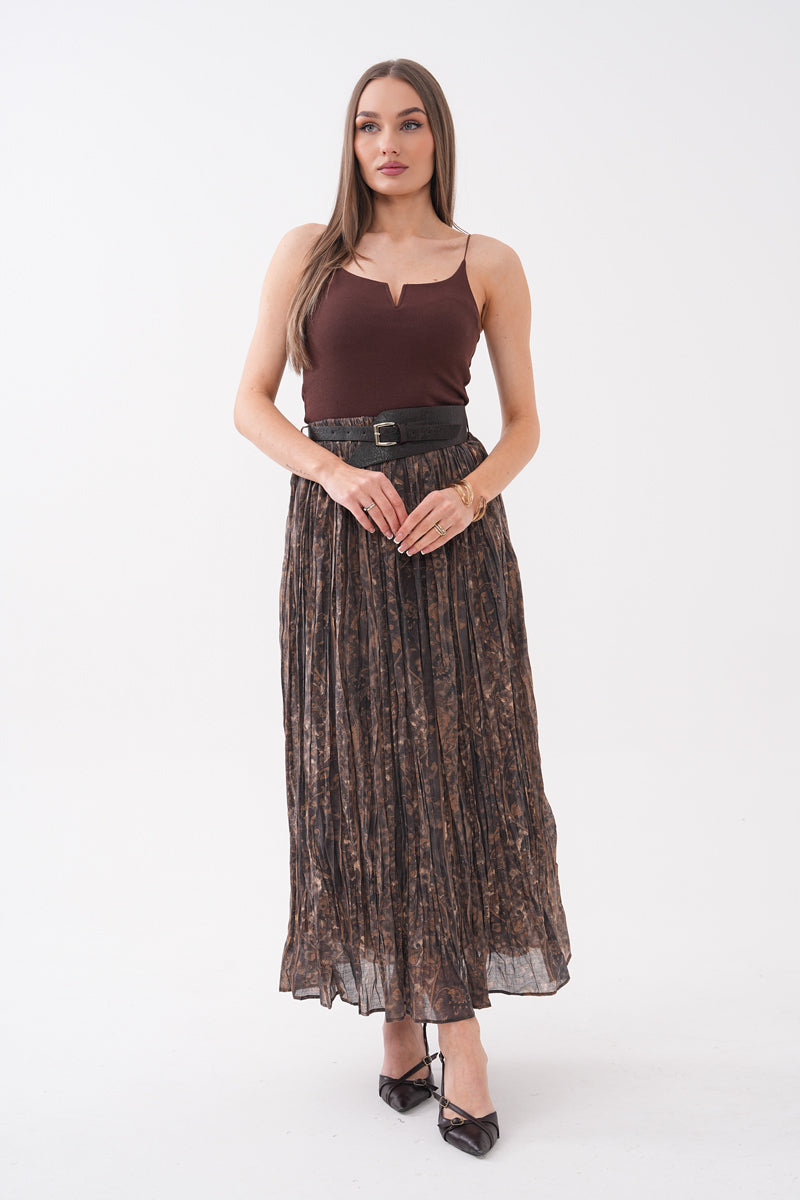Şifon Kahverengi kemerli Çiçek desenli Midi etek