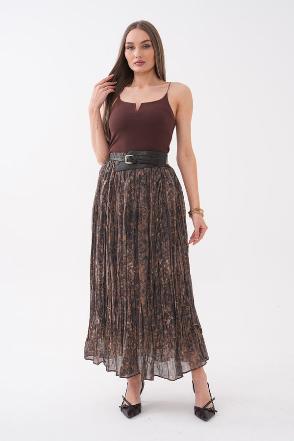 Şifon Kahverengi kemerli Çiçek desenli Midi etek