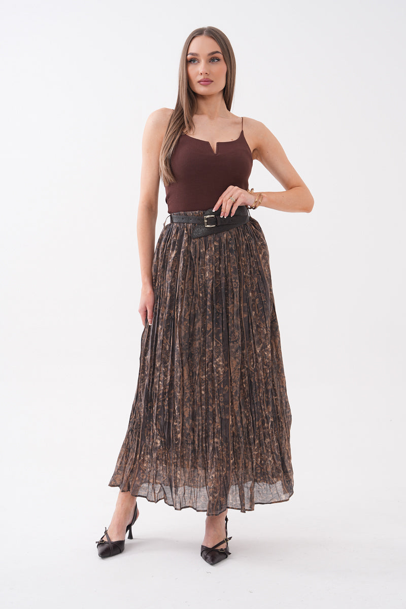 Şifon Kahverengi kemerli Çiçek desenli Midi etek