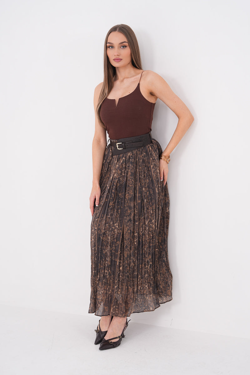 Şifon Kahverengi kemerli Çiçek desenli Midi etek