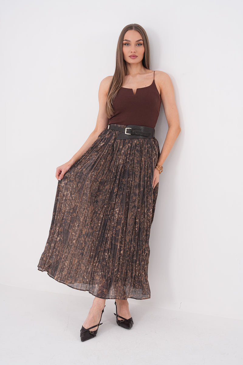 Şifon Kahverengi kemerli Çiçek desenli Midi etek