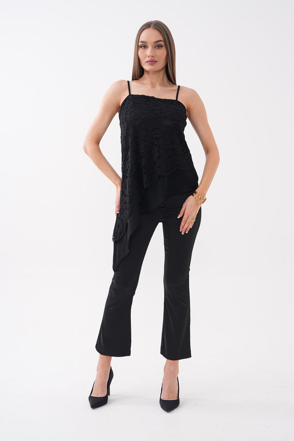 Siyah Dantelli Asimetrik Kesim Bluz
