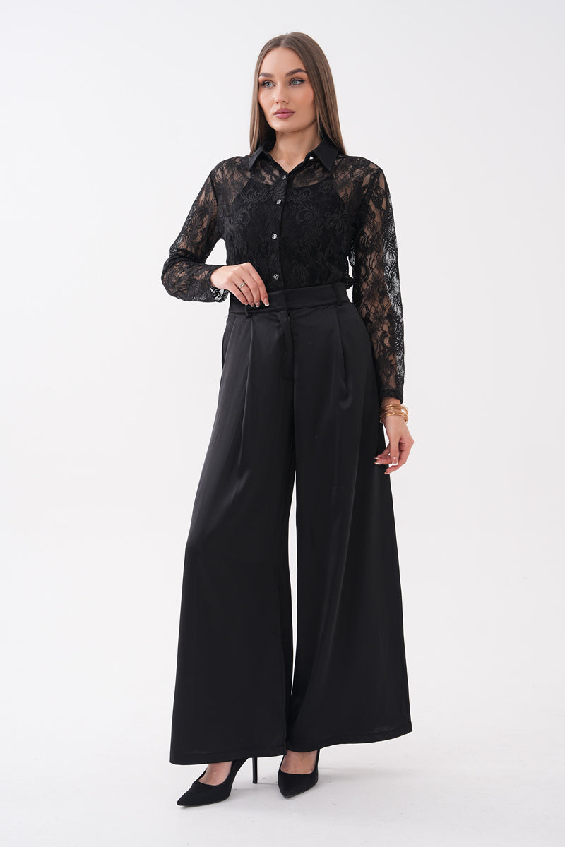 Siyah Saten Palazzo Pantolon