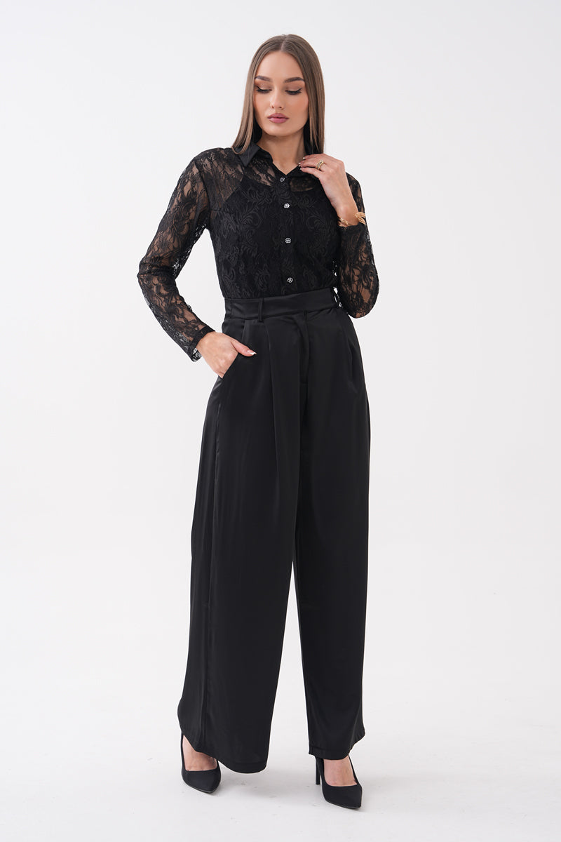 Siyah Saten Palazzo Pantolon