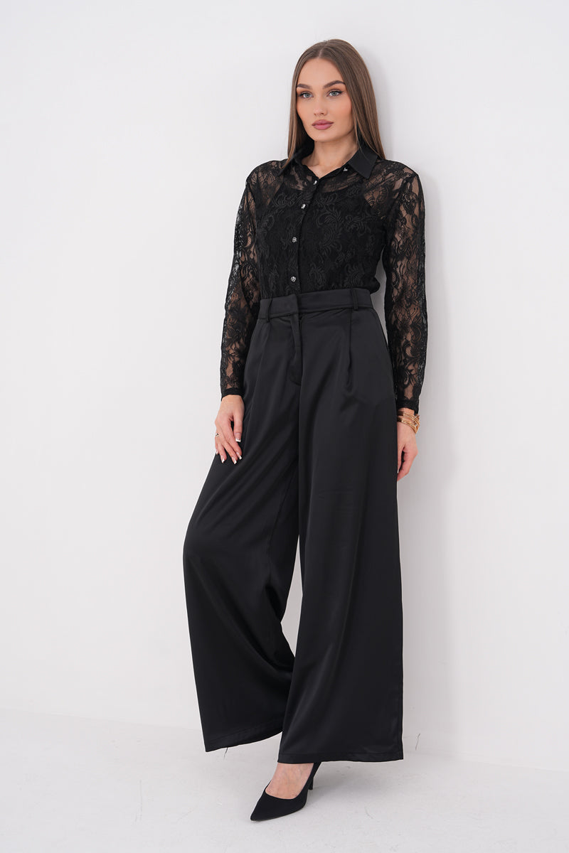 Siyah Saten Palazzo Pantolon