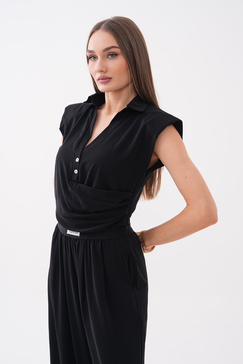 Siyah Vatka Detaylı Tensel Kumaş Bluz