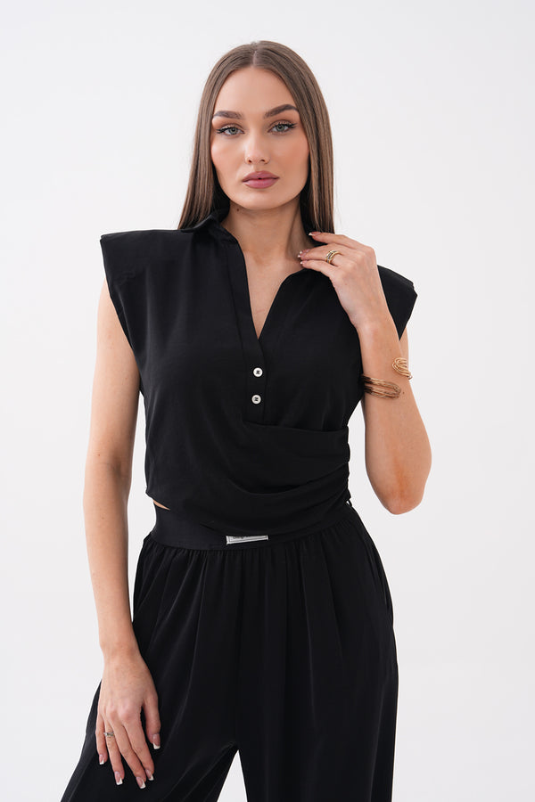 Siyah Vatka Detaylı Tensel Kumaş Bluz