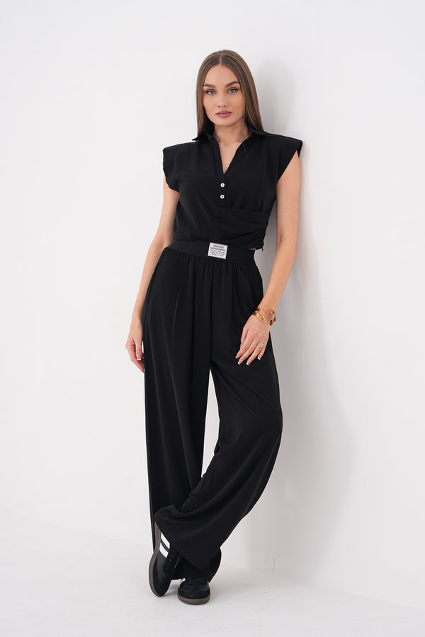 Siyah Bel Lastik Detaylı Tensel Kumaş Palazzo Pantolon