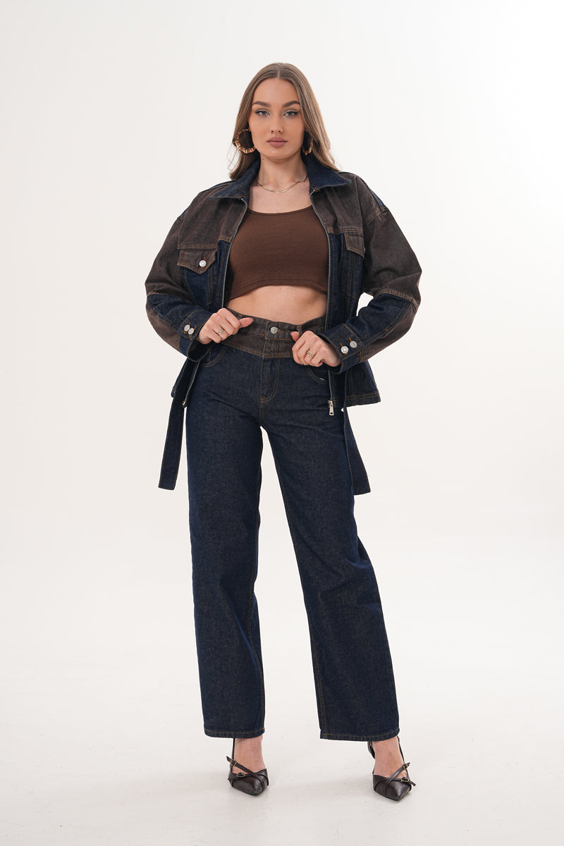 Kahverengi Mavi Çift Renk Denim Takım