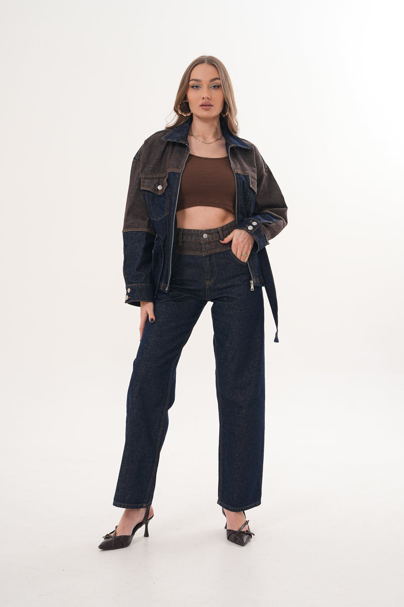 Kahverengi Mavi Çift Renk Denim Takım