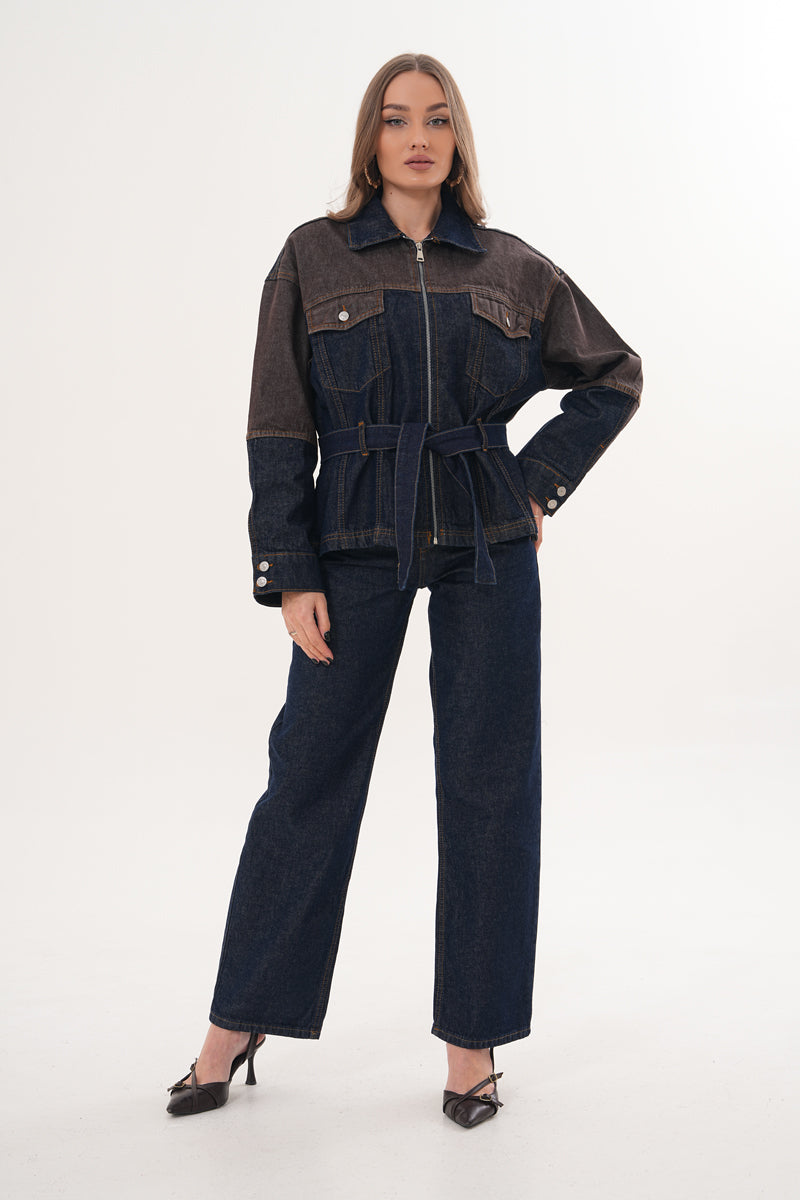 Kahverengi Mavi Çift Renk Denim Takım