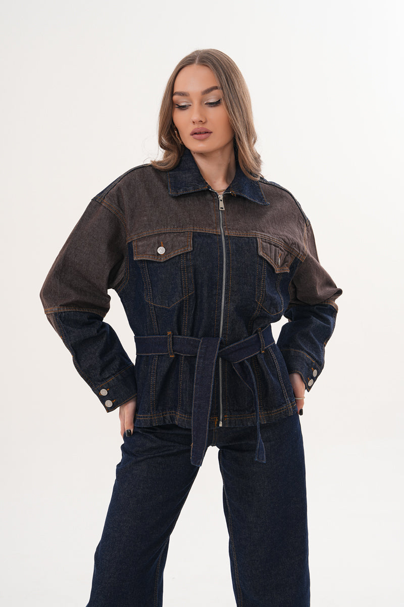 Kahverengi Mavi Çift Renk Denim Takım