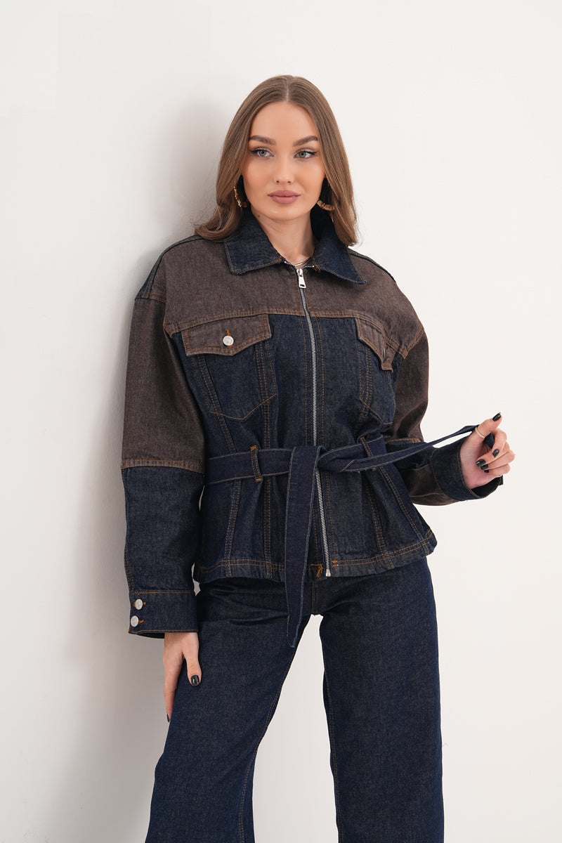 Kahverengi Mavi Çift Renk Denim Takım