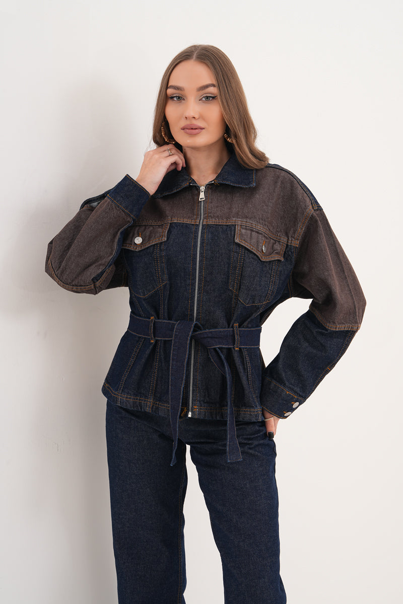 Kahverengi Mavi Çift Renk Denim Takım