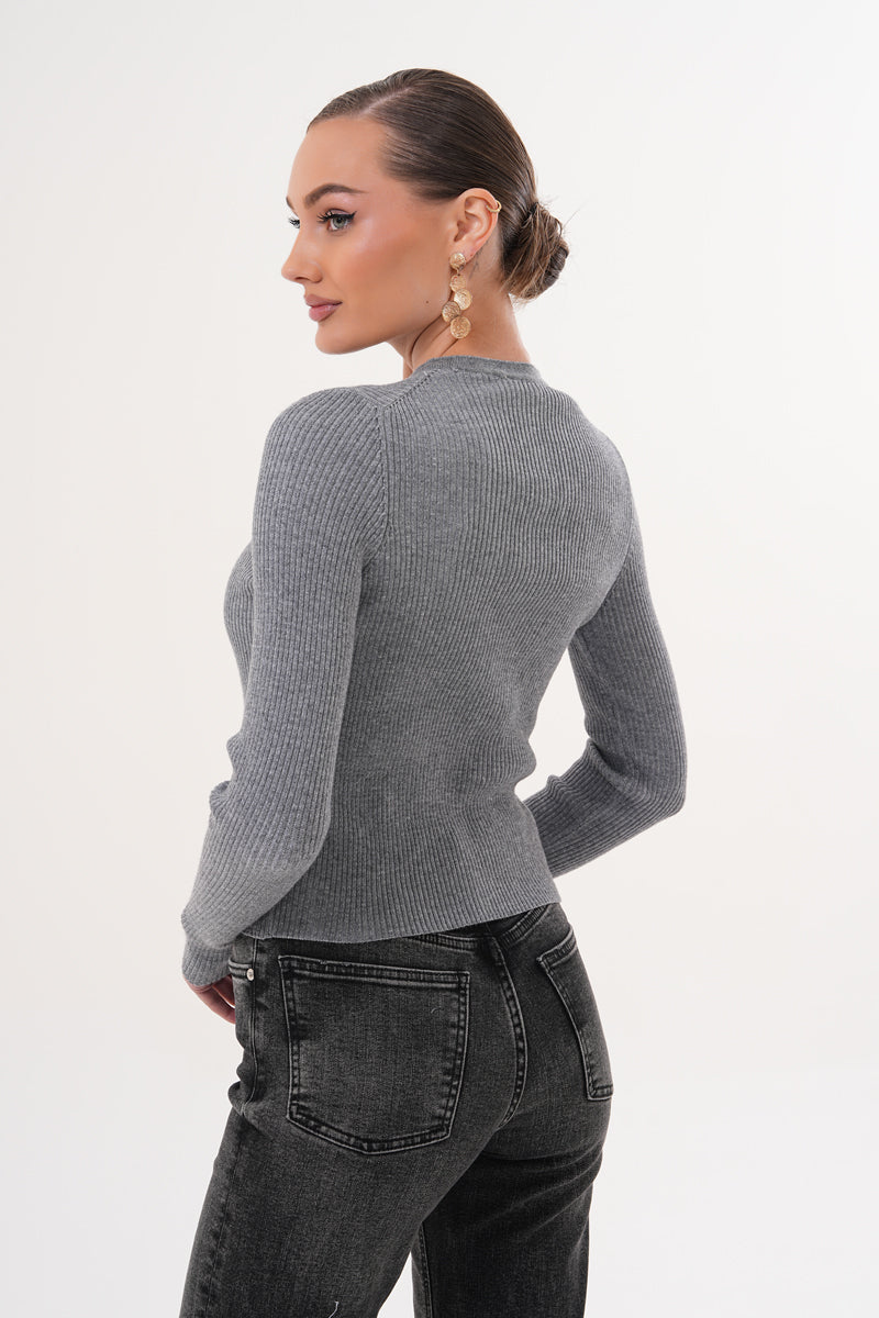 Gri Ön Düğme Detaylı Triko Kazak