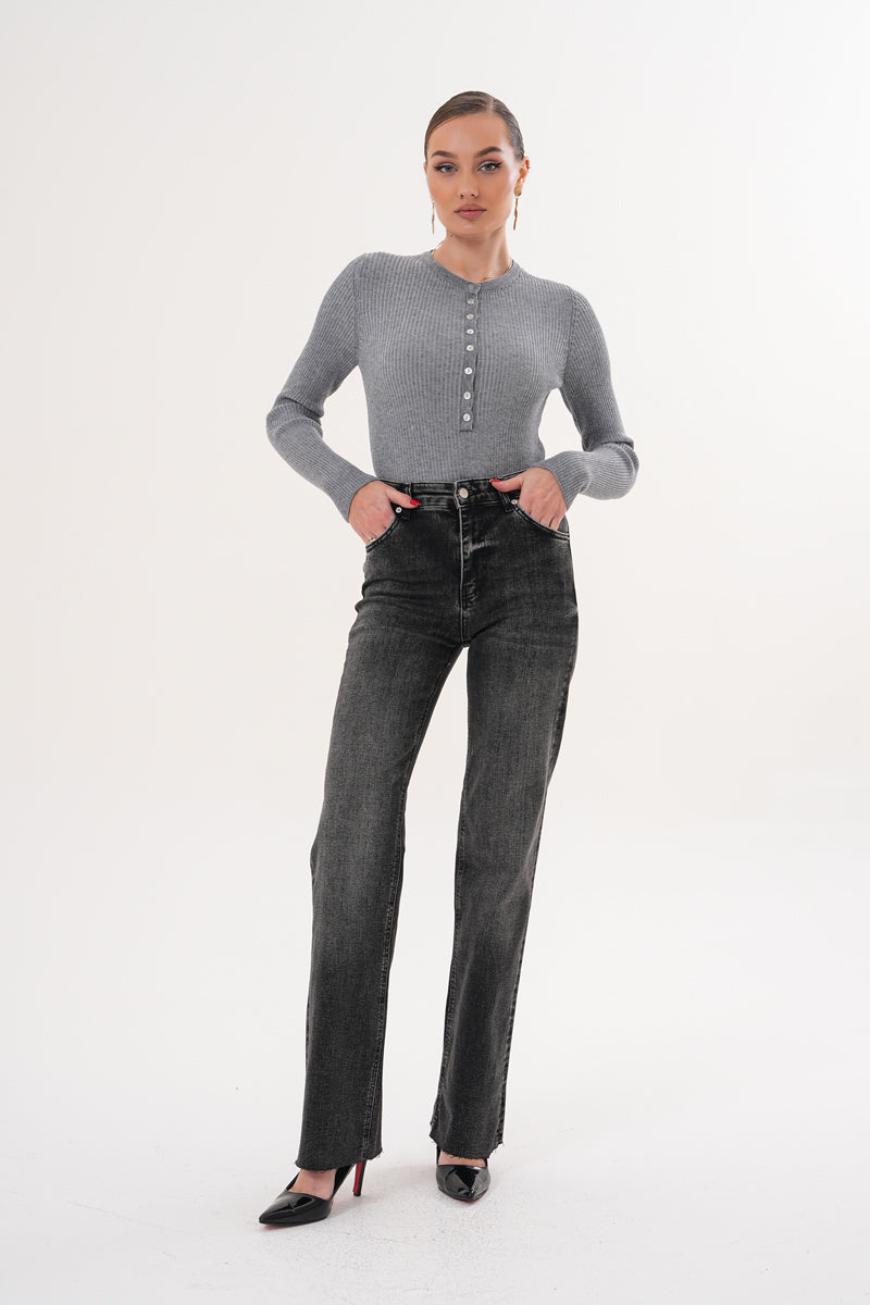 Yüksek Bel Füme Straight Jean Pantolon