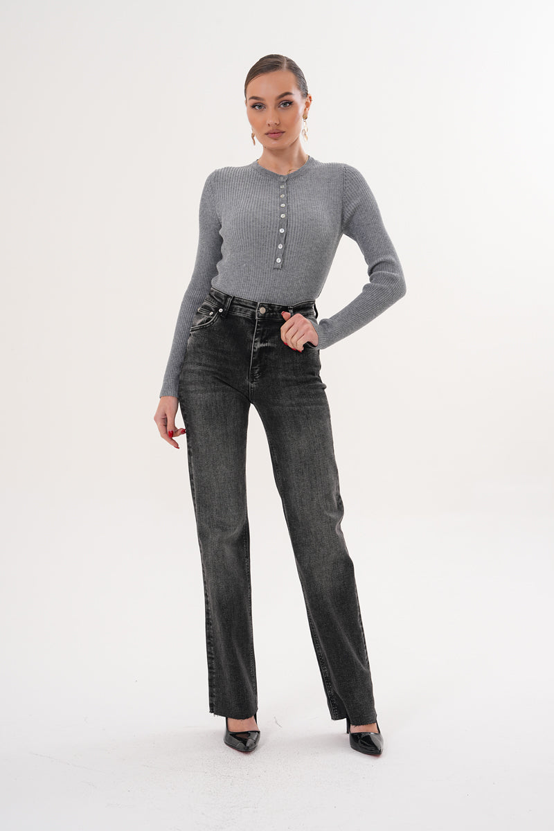 Yüksek Bel Füme Straight Jean Pantolon