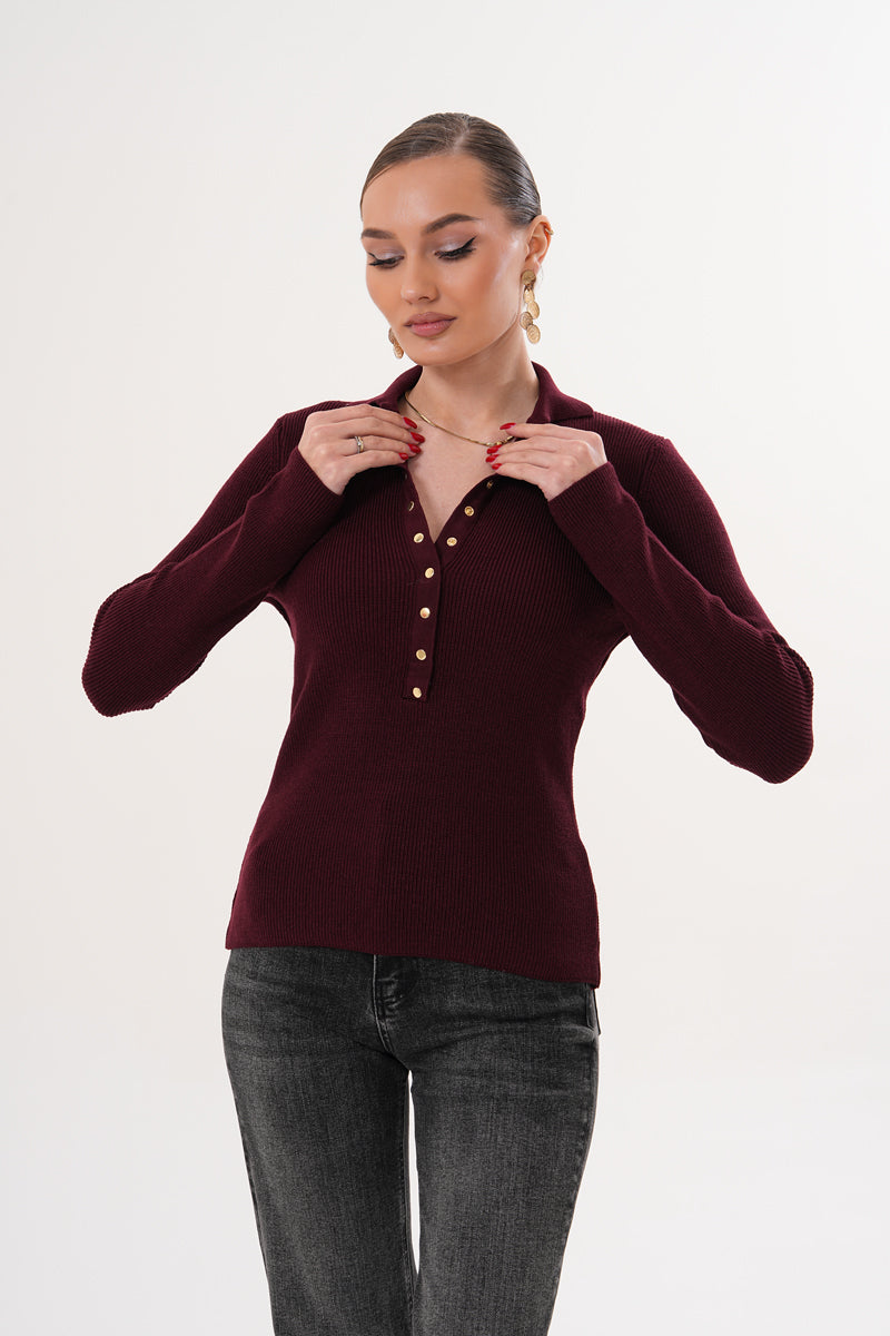 V Yaka Düğmeli Bordo Triko Kazak