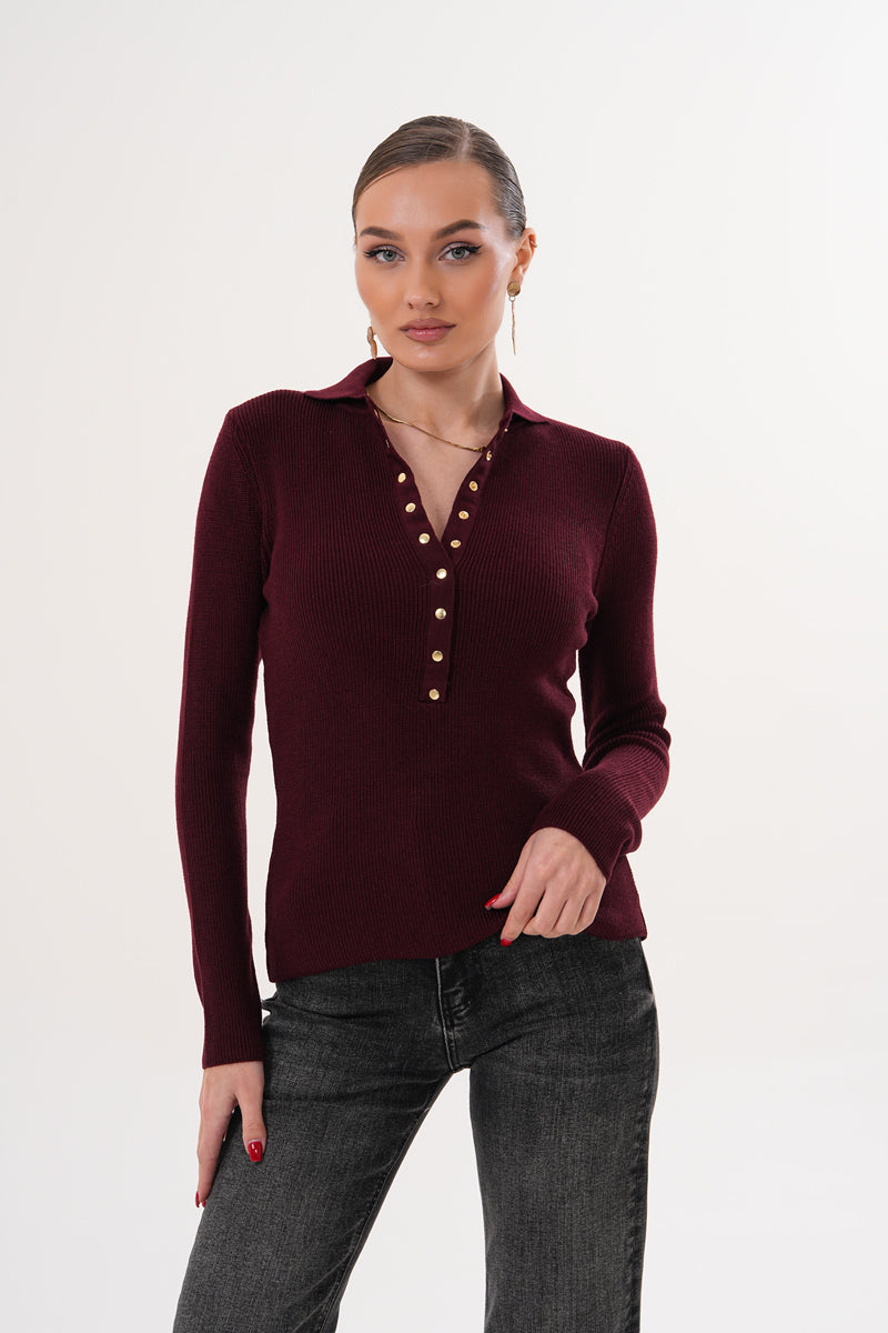 V Yaka Düğmeli Bordo Triko Kazak