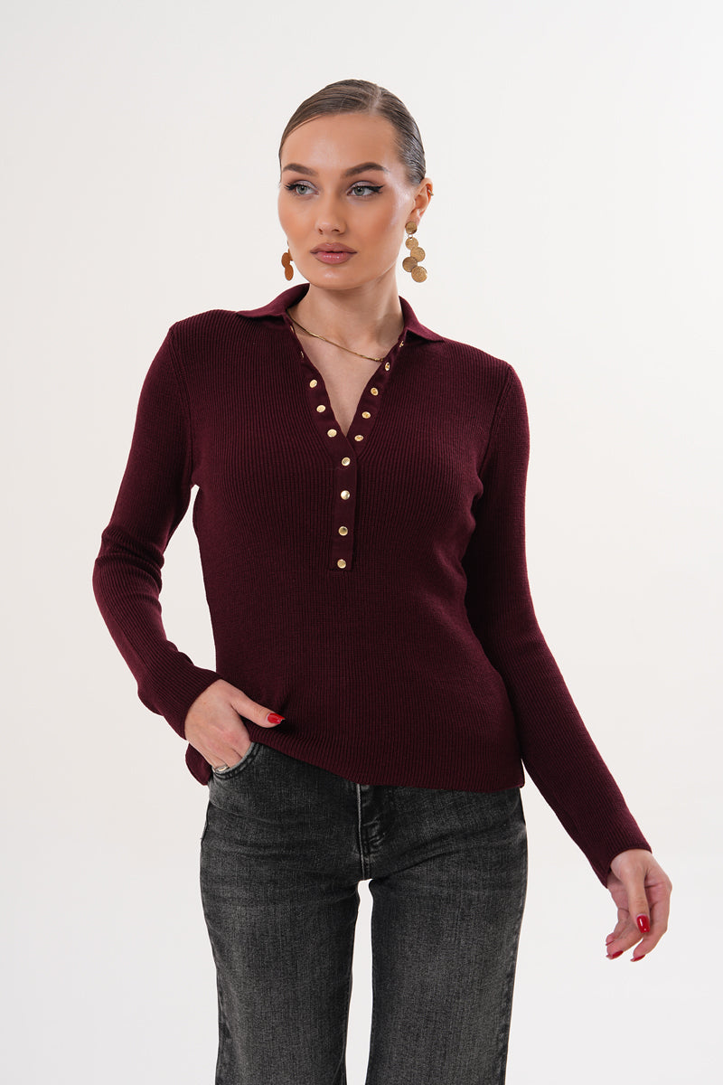 V Yaka Düğmeli Bordo Triko Kazak