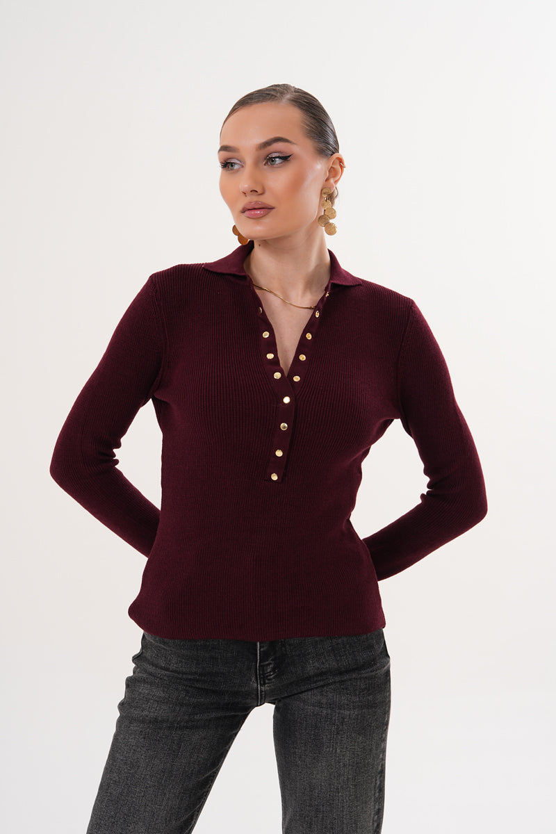 V Yaka Düğmeli Bordo Triko Kazak