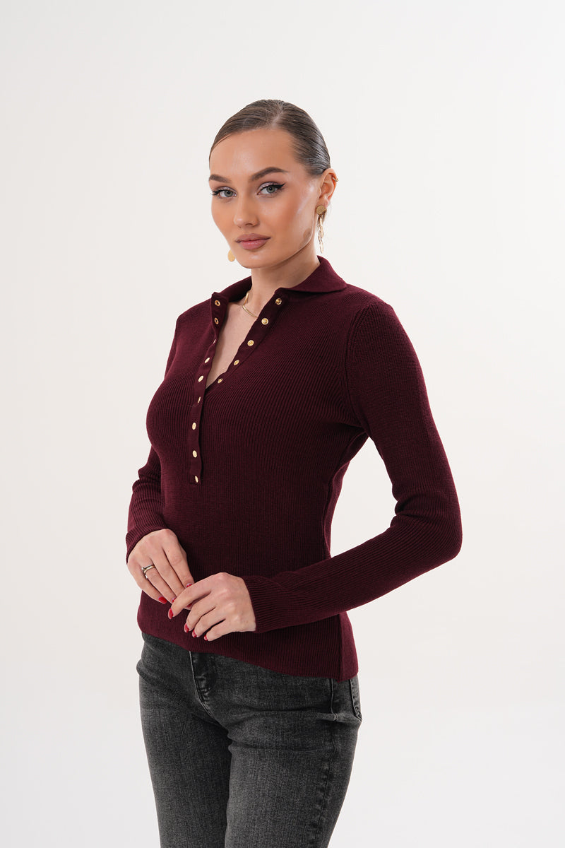 V Yaka Düğmeli Bordo Triko Kazak