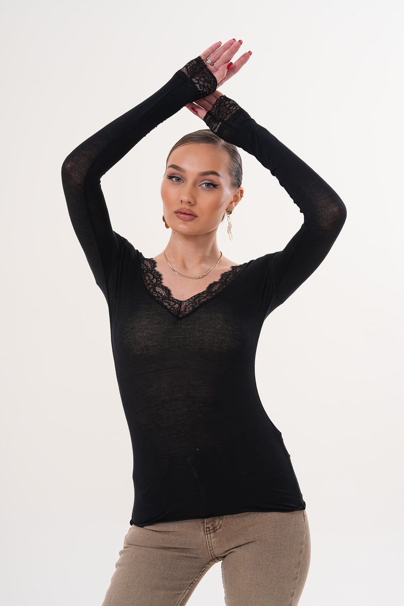 İ.m Model Siyah Dantel Detay Kaşmir Bluz
