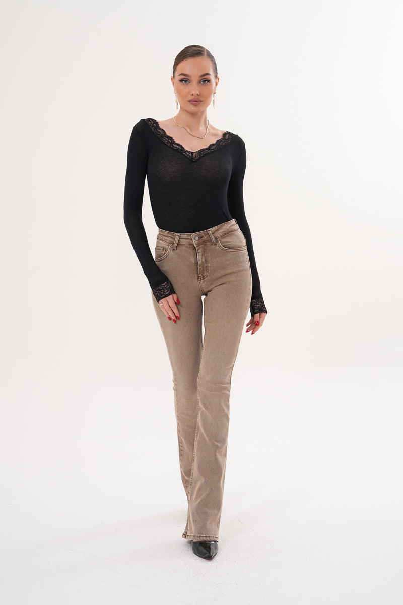 İspanyol Paça Slim Fit Bej Renk Jean Pantolon