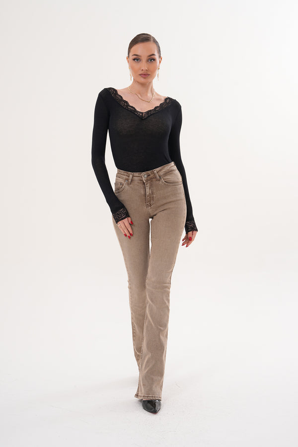 İspanyol Paça Slim Fit Bej Renk Jean Pantolon