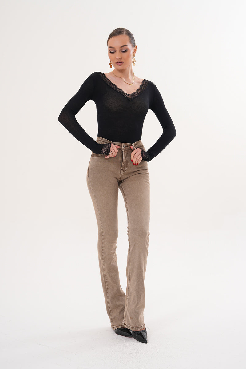 İspanyol Paça Slim Fit Bej Renk Jean Pantolon