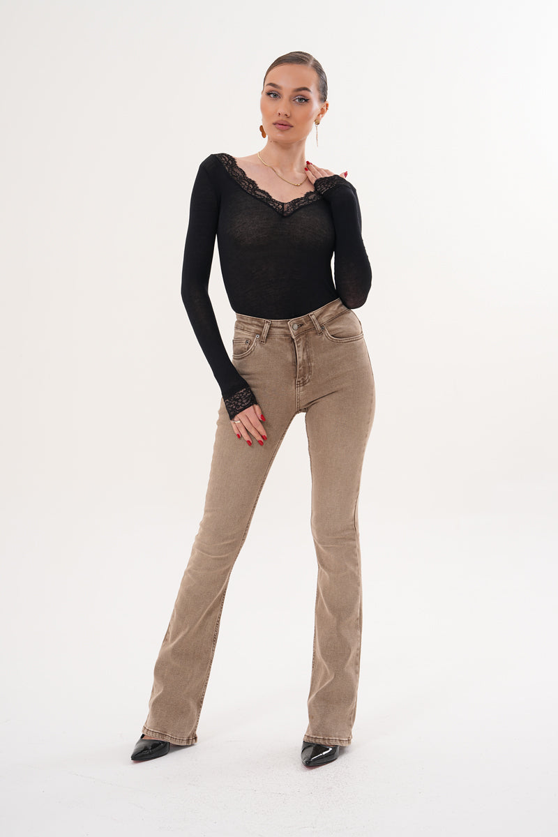 İspanyol Paça Slim Fit Bej Renk Jean Pantolon