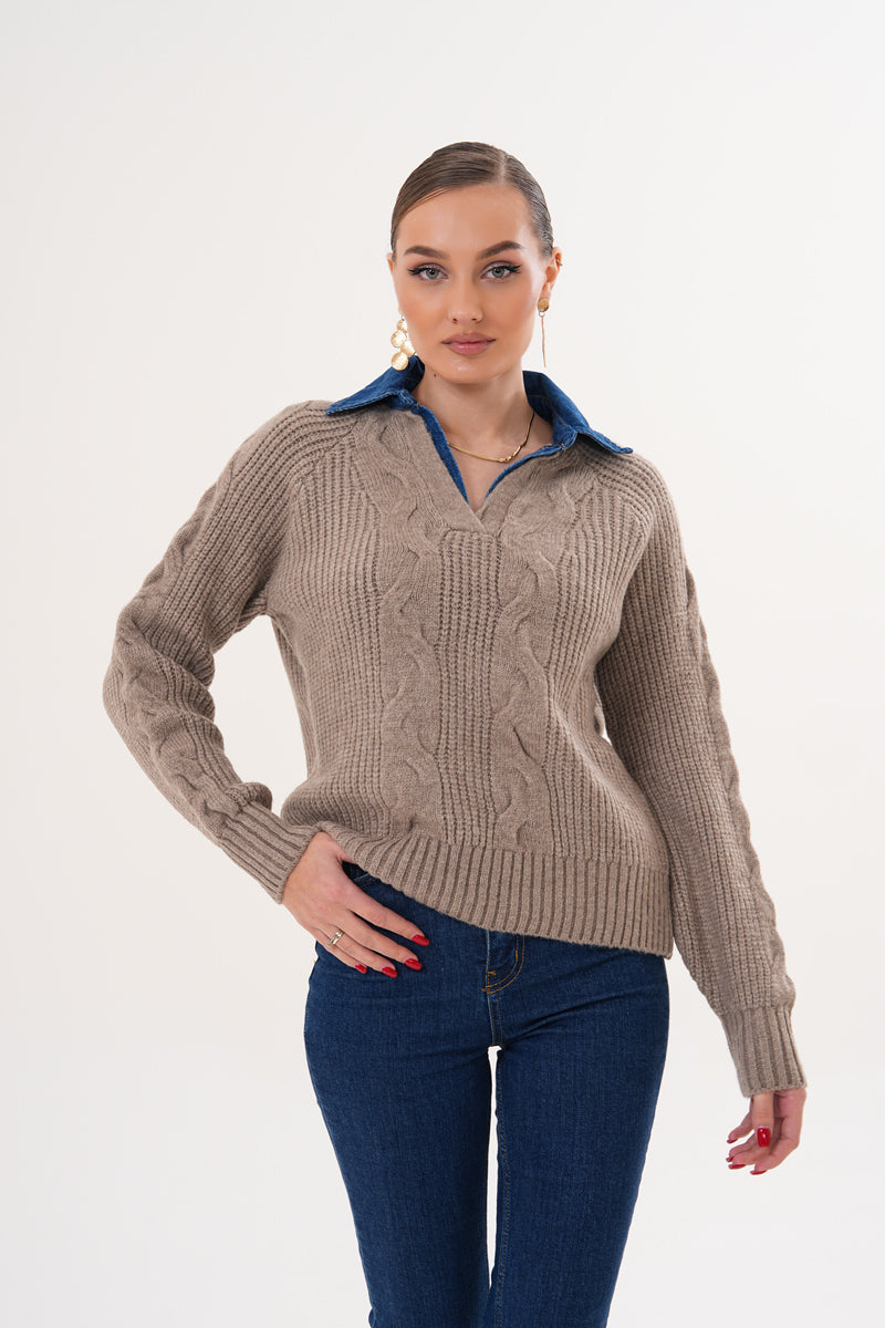 Kadın V Yaka Örgü Desenli Bej Triko Kazak