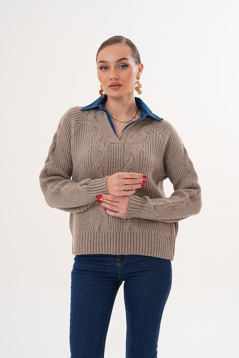 Kadın V Yaka Örgü Desenli Bej Triko Kazak