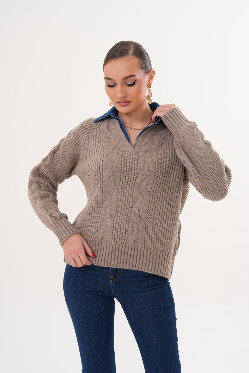 Kadın V Yaka Örgü Desenli Bej Triko Kazak