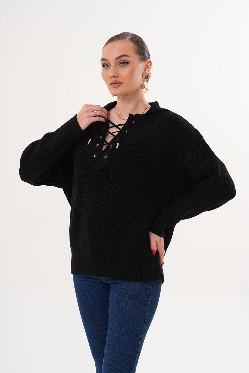 Siyah Oversize Yaka Bağlama Detaylı Kazak