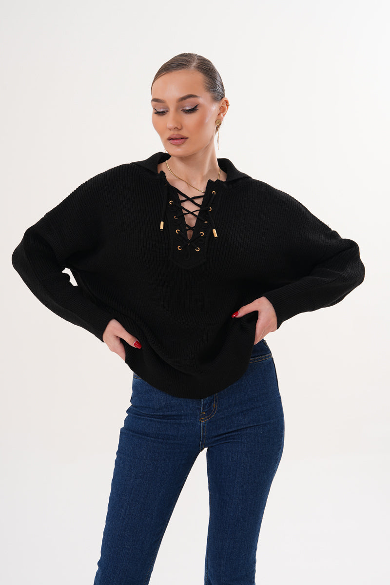 Siyah Oversize Yaka Bağlama Detaylı Kazak