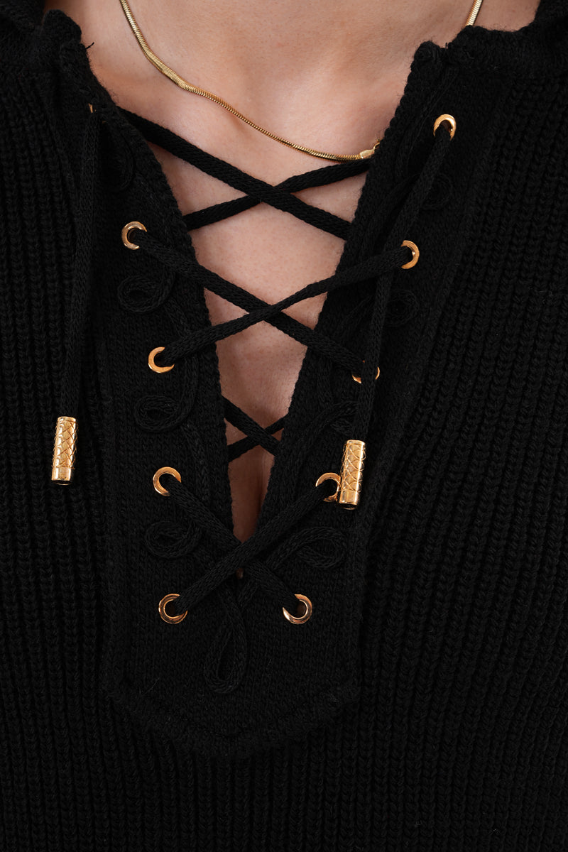 Siyah Oversize Yaka Bağlama Detaylı Kazak