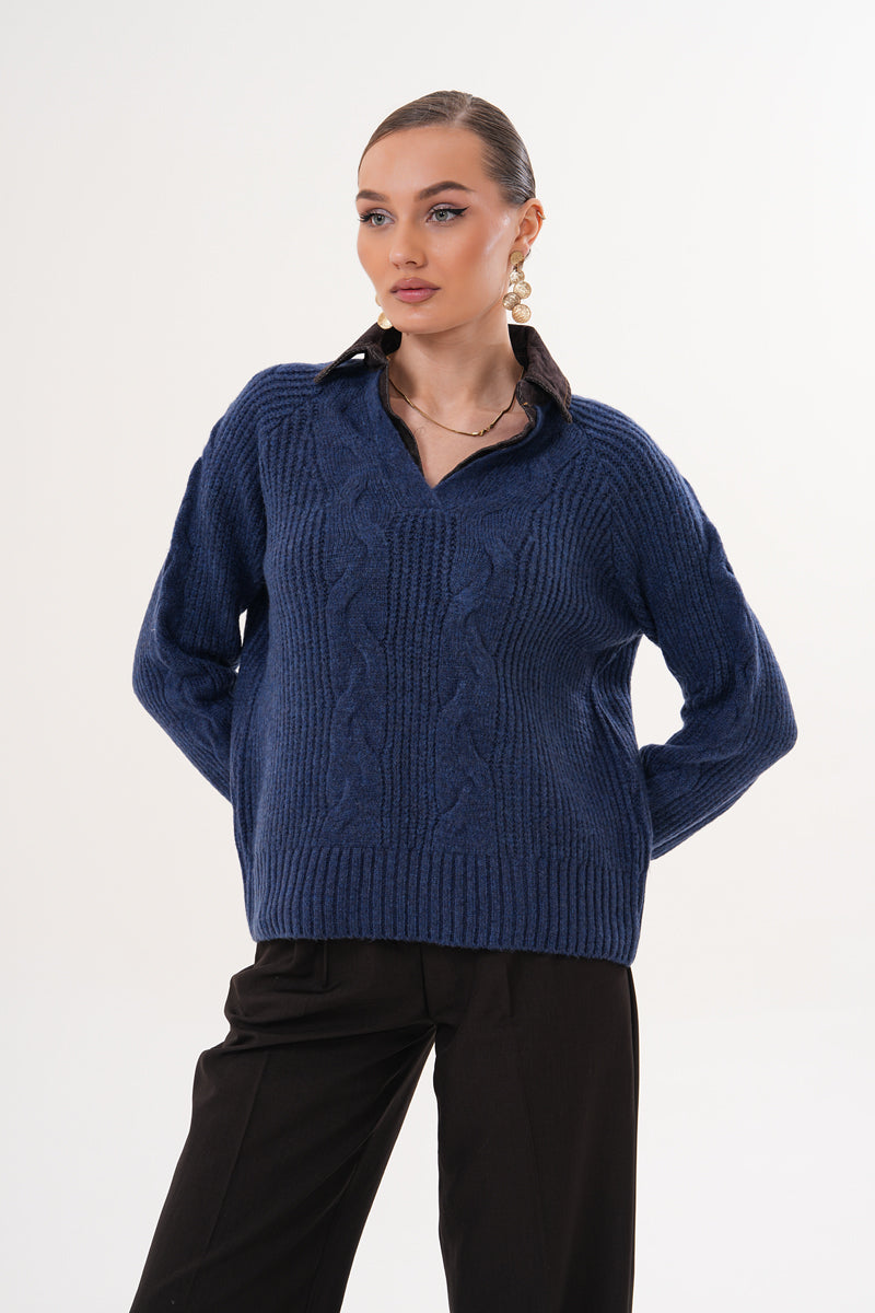 Kadın V Yaka Örgü Desenli Lacivert Triko Kazak