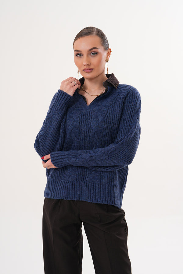 Kadın V Yaka Örgü Desenli Lacivert Triko Kazak