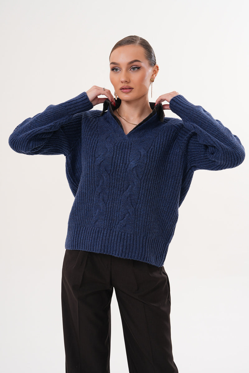 Kadın V Yaka Örgü Desenli Lacivert Triko Kazak