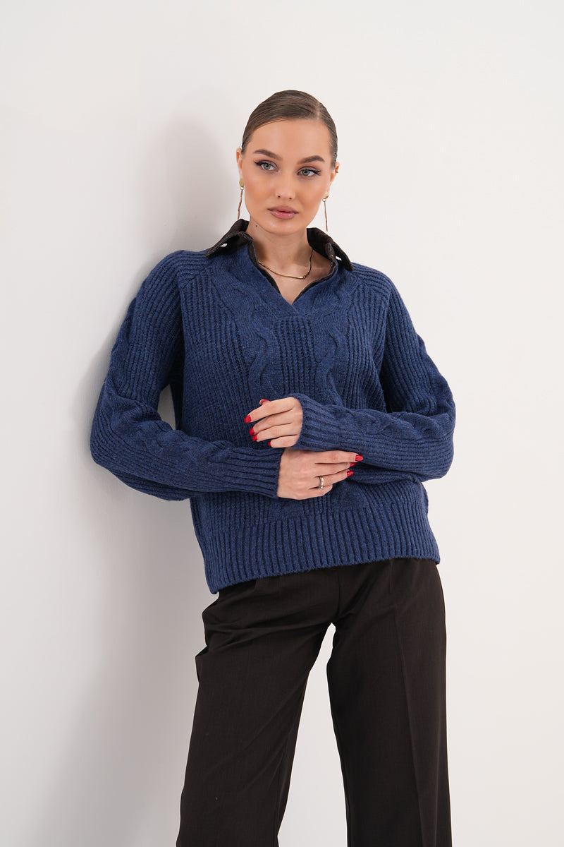 Kadın V Yaka Örgü Desenli Lacivert Triko Kazak