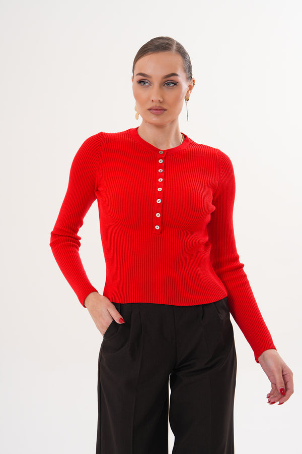 Kırmızı Ön Düğme Detaylı Triko Kazak