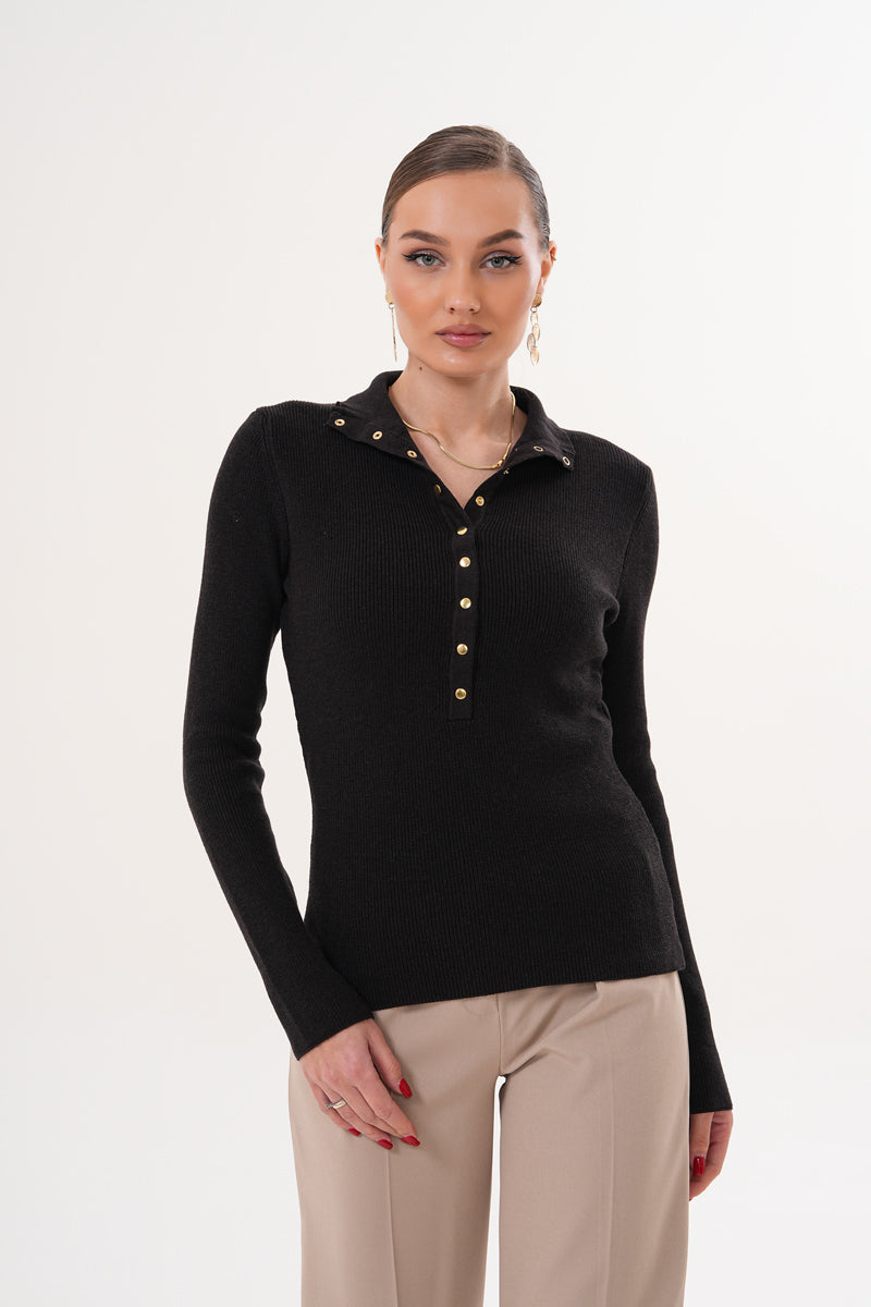 V Yaka Düğmeli Acı Kahve Triko Kazak