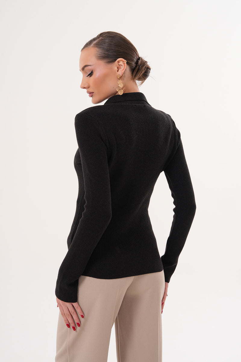 V Yaka Düğmeli Acı Kahve Triko Kazak