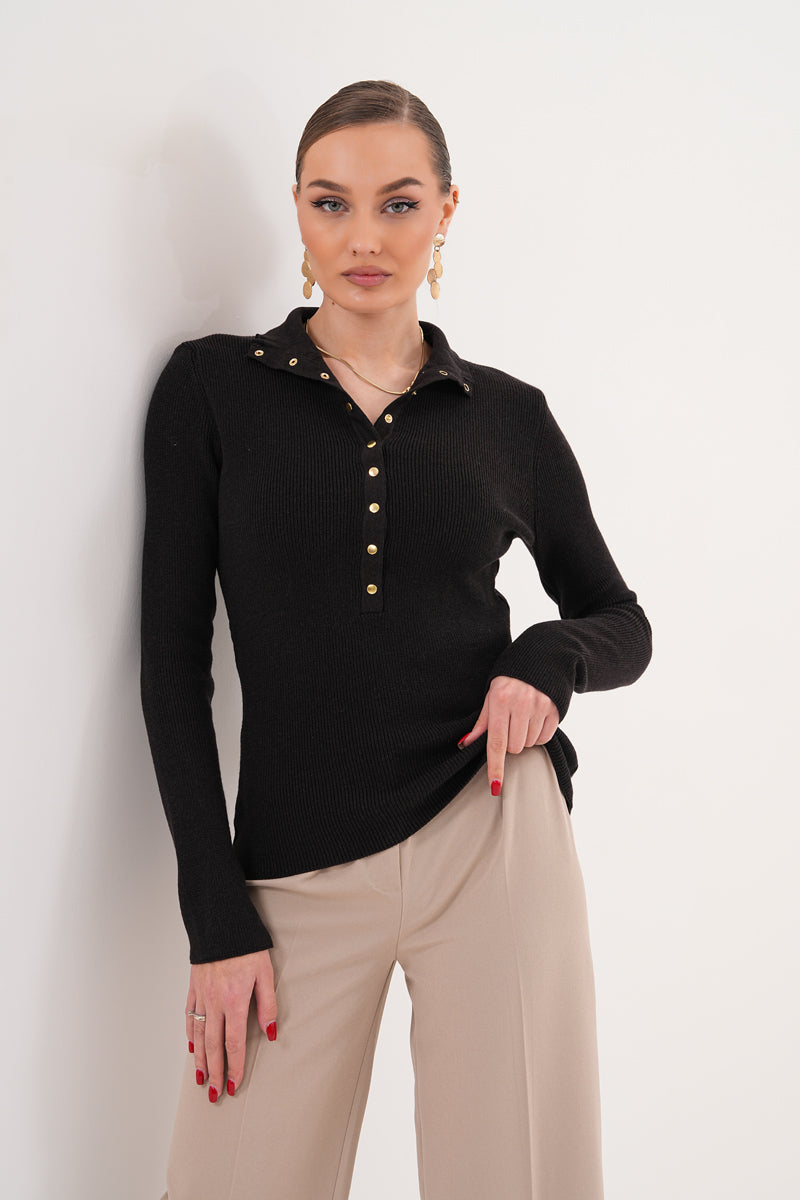 V Yaka Düğmeli Acı Kahve Triko Kazak